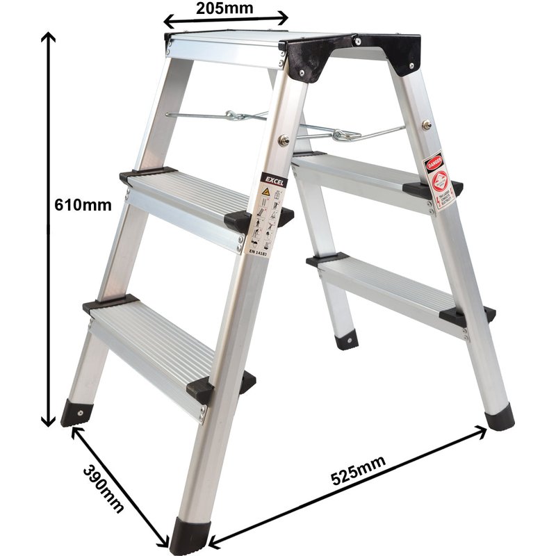 Excel Aluminium Stool Ladder 3 Tread Heavy Duty Folding Hop Up 610mm x 390mm