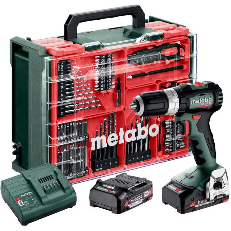 Metabo SB 18 L BL SET 18V Brushless Combi Drill with 2 x 2.0Ah Battery, Charger & 78 Piece Mobile Workshop Accessory Set in Case 613157710