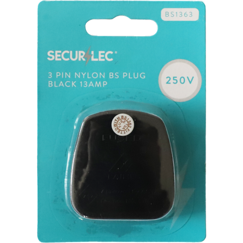Securlec 3 Pin Nylon Plug Fused Black SL9029