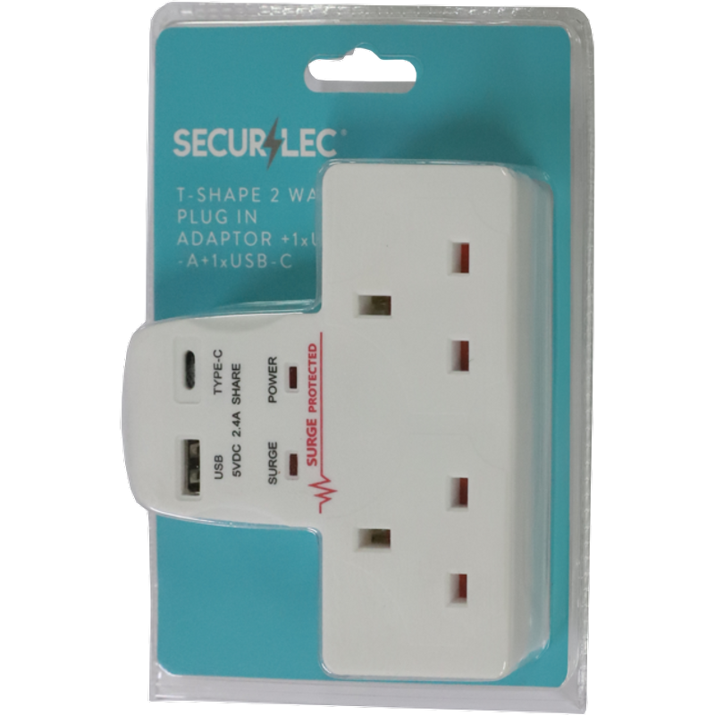 Securlec T-Shape 2 Way Plug-In Adaptor 1 x USB-A, 1 x USB-C SL9090