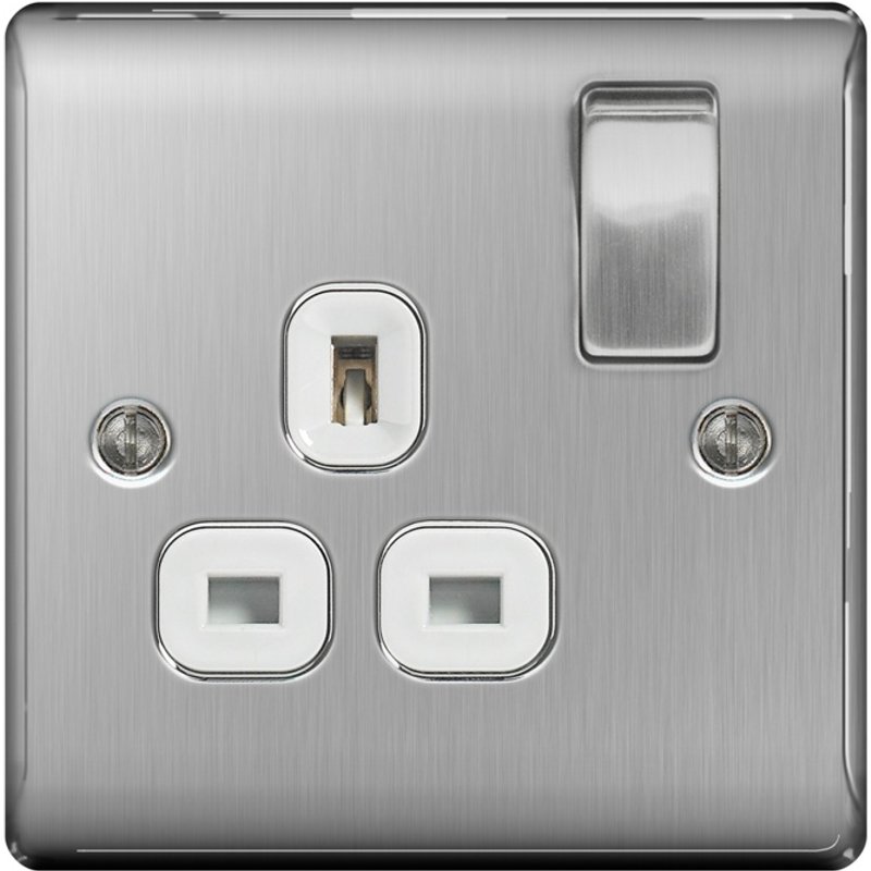 NEXUS Brushed Steel Switched Socket 13a White Inset NBS21W