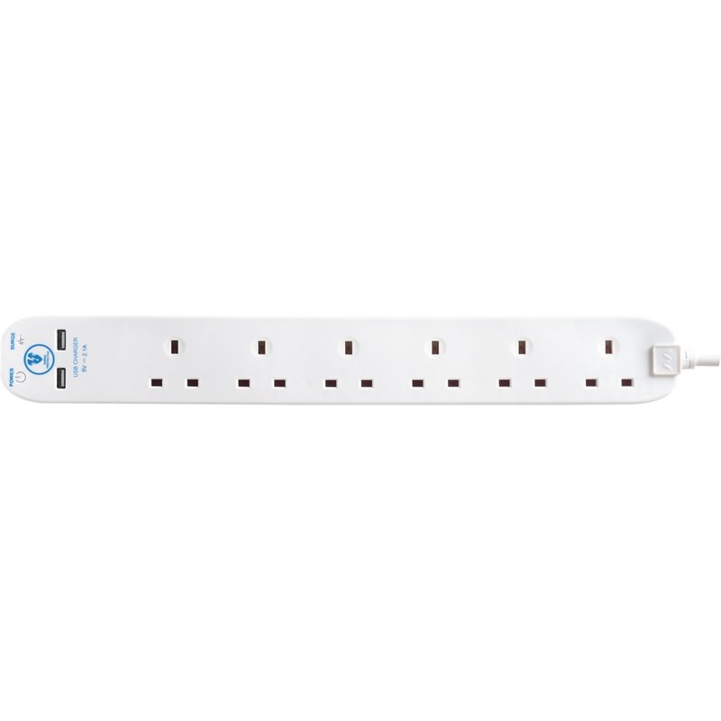 Masterplug 6 Gang Surge Extension Lead With 2 USBs SRGUAC106210N-MP