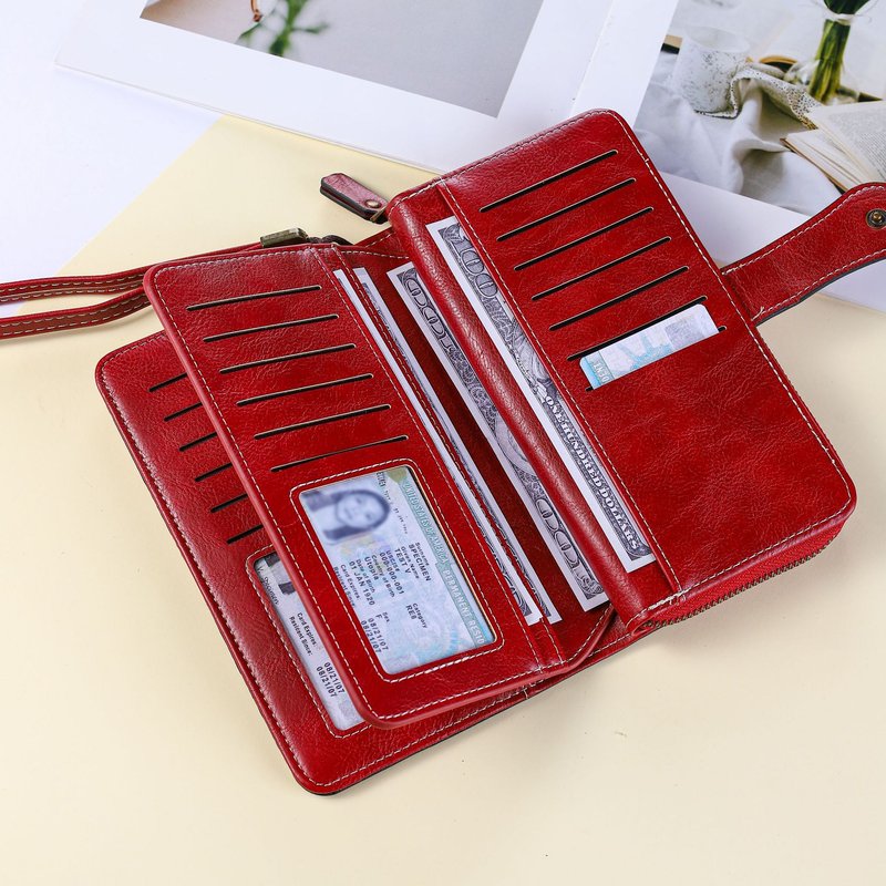 Retro Multi Function Anti Theft Brush Rfid Zipper Snap Button Large Capacity Long Women's Wallet Wallet Handbag