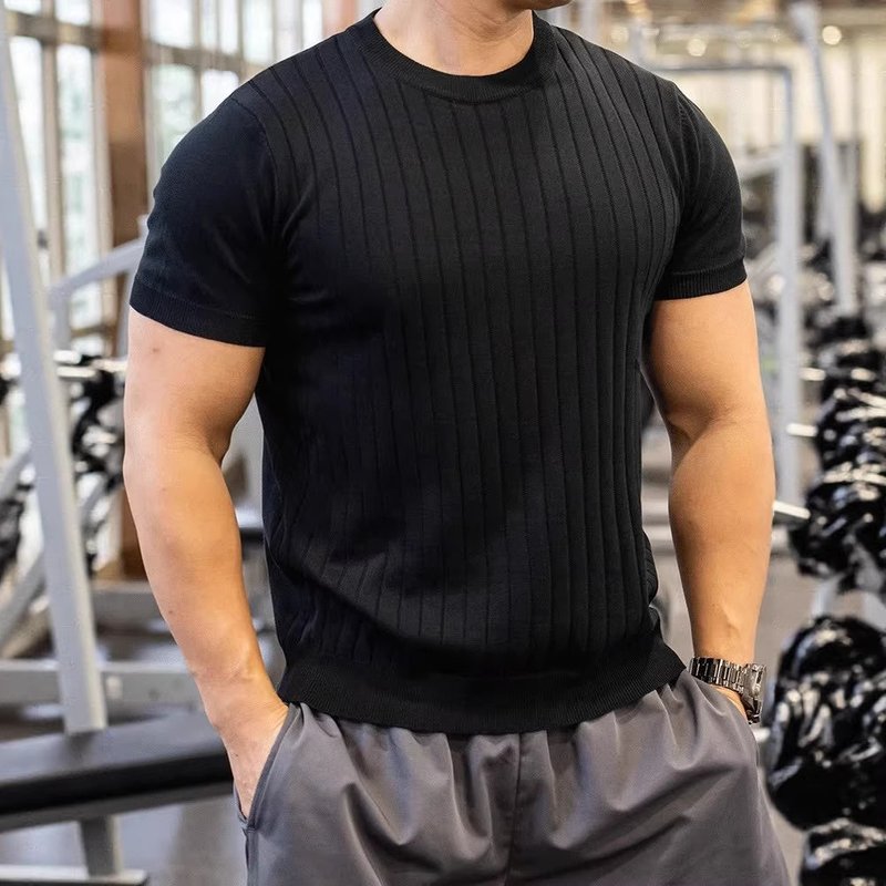 Men's Striped Knit T-Shirt – Breathable Loose Fit Muscle Tee With Pique Collar & Stretch Fabric (White, Black, Blue, Green, Brown)