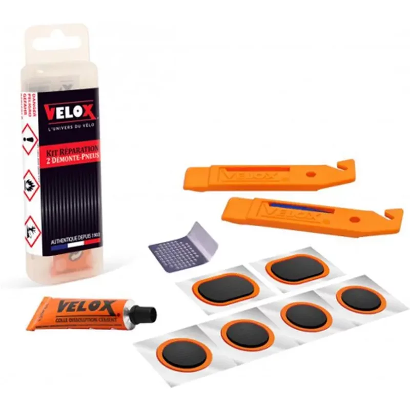 Kit de réparation 6 pièces + dissolution + 1 rape+ démonte pneu vélo Velox
