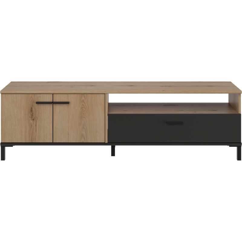 Banc Tv Effet Bois ChĂȘne 2 Portes 1 Tiroir Long 160cm PoignĂ©es Noires