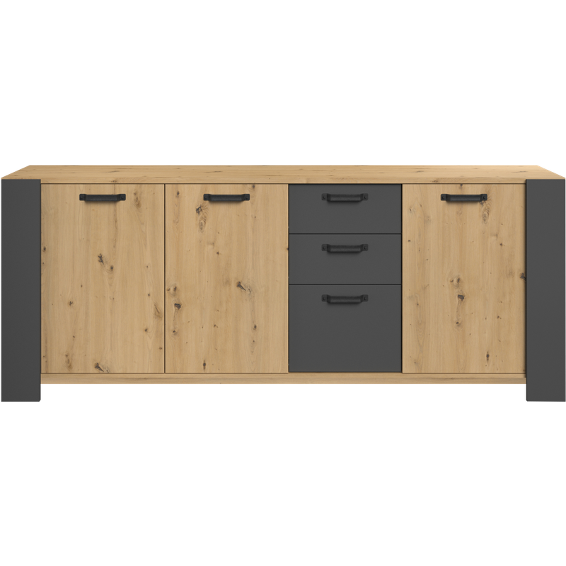 Buffet Loft - Décor Chene Artisan Et Mélamine Gris Ombre - 3 Portes Et 3 Tiroirs - L 220 X P 52 X H 86.5 Cm - Parisot