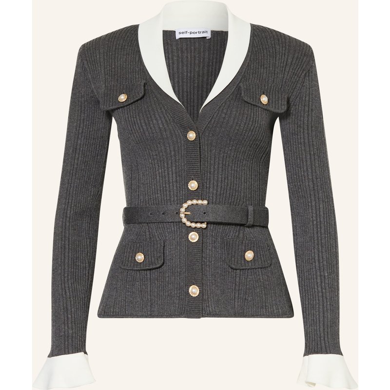 Self-Portrait Strickjacke Mit Volants Und Schmucksteinen grau
