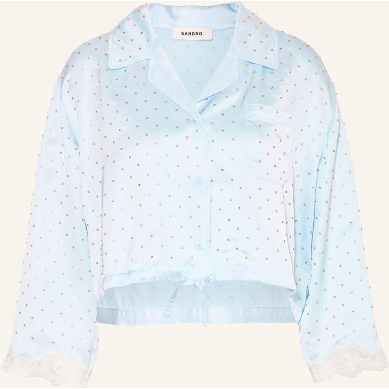 Sandro Satinbluse Mit Schmucksteinen Und Spitze blau