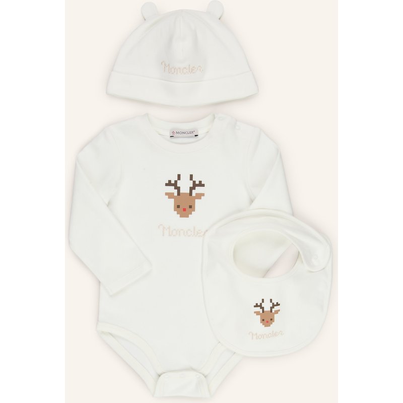 Moncler Enfant Set: Body, Mütze Und Lätzchen weiss