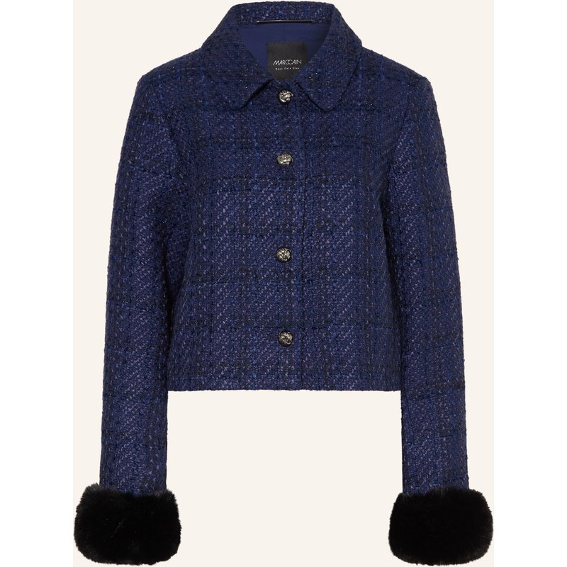 Marc Cain Tweed-Jacke Mit Kunstfell Und Glitzergarn blau