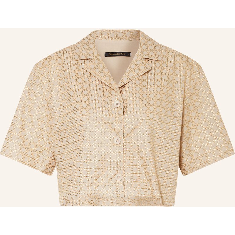 Greek Archaic Kori Cropped-Bluse Cross Mit Glitzergarn beige