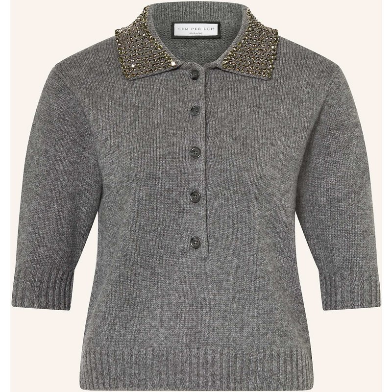 Sem Per Lei Strick-Poloshirt Mit Cashmere Und Schmucksteinen grau