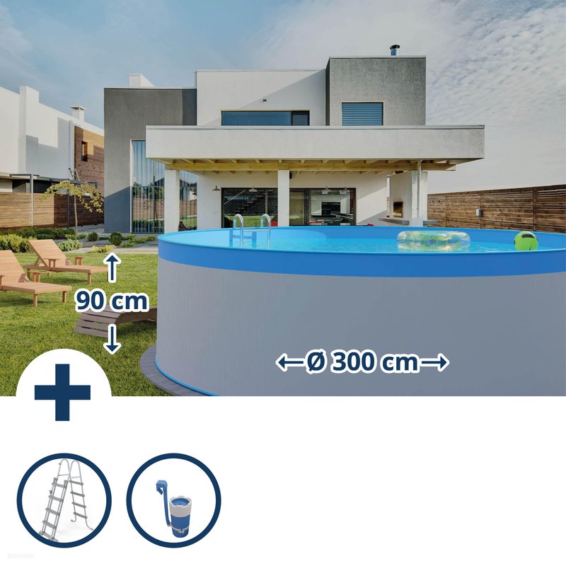 Stahlwandpool Set rund Athen 300x90cm, Stahl 0,3mm weiß, Folie 0,2mm blau