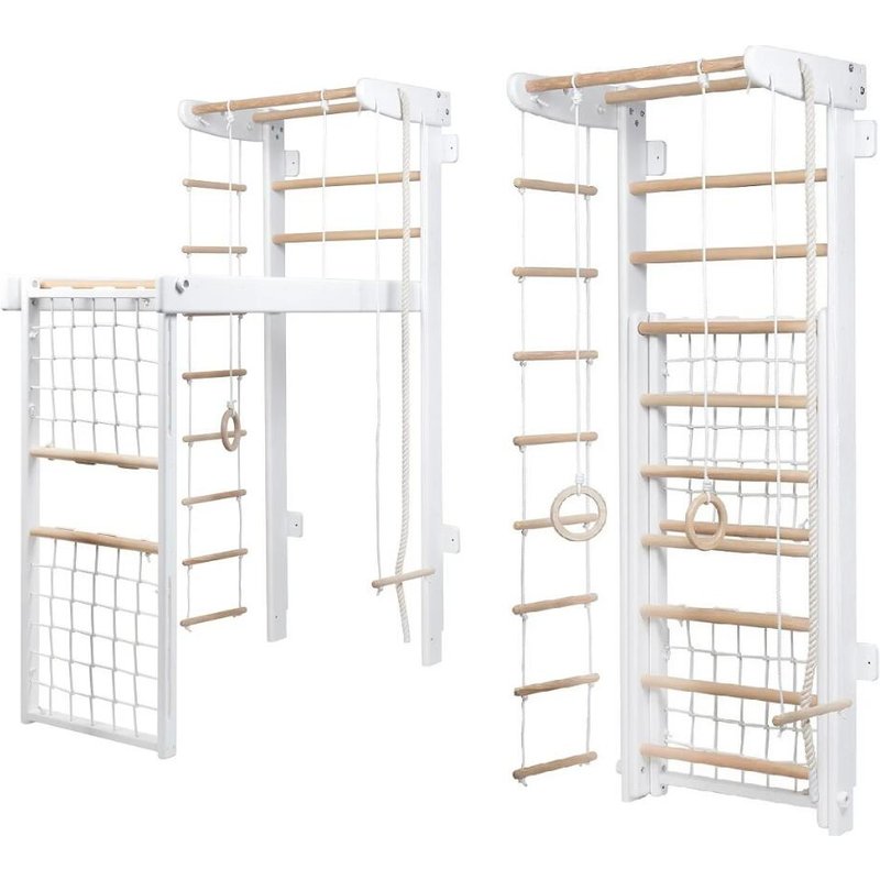 Holz Sprossenwand mit Kletternetz, Trapez und Akrobatikzubehör für Kinder