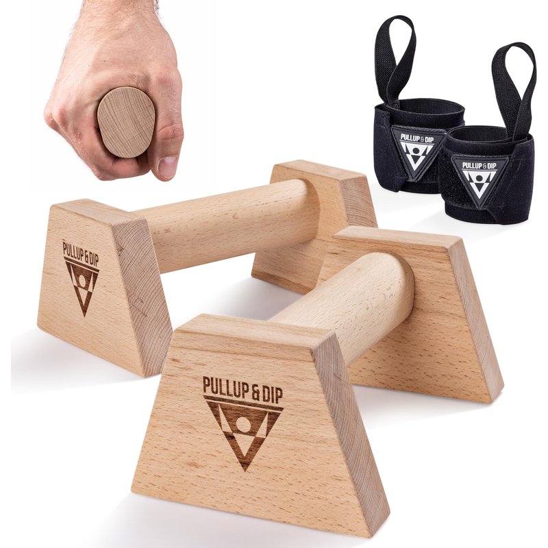 Holz Liegestützgriffe mit ergonomischem Griff inkl. Wrist Wraps