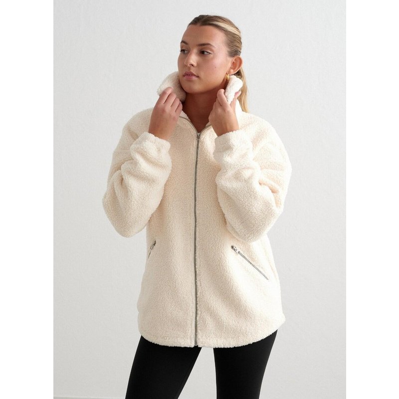 Damen Teddy Jacke Pile Fleece Mandel Weiß