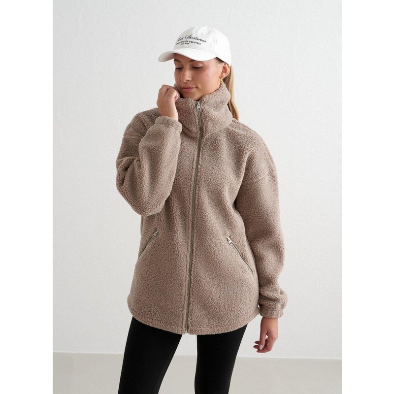 Damen Teddy Jacke Pile Fleece Dunkelbeige