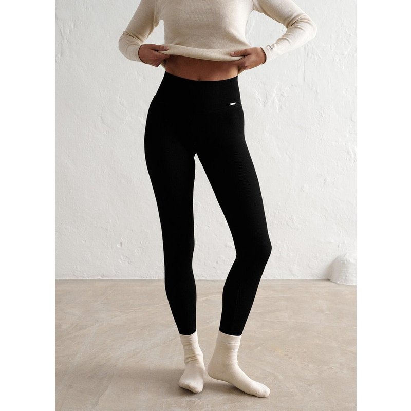 Damen Leggings Rippstrick Wolle Hoher Bund Schwarz