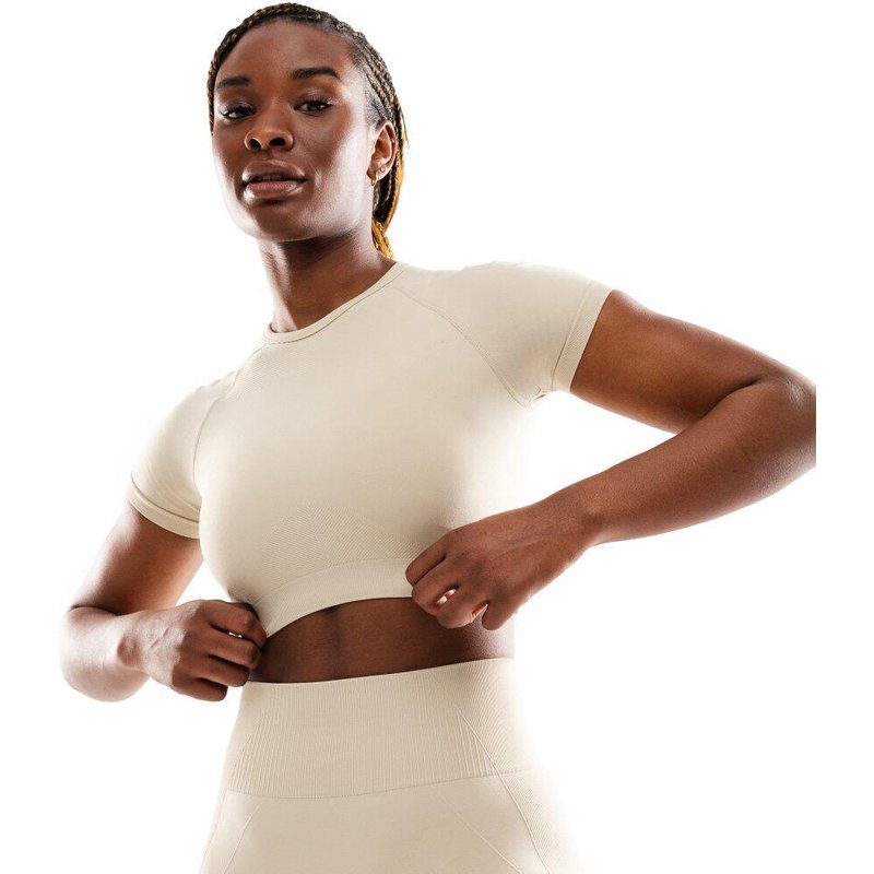 Women Fitness 's seamless short sleeve sports crop top Steam Beige