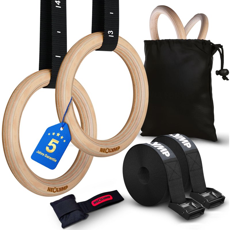 Turnringe Set - Gym Ringe aus Holz, Gymnastikringe mit verstellbarem Gurt