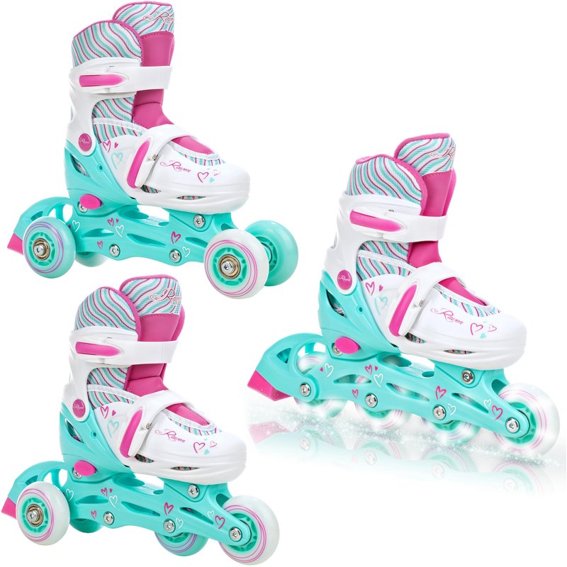 Verstellbare Rollschuhe 3in1 Loret Weiß/Mint/Rosa Leuchtende LED-Räder