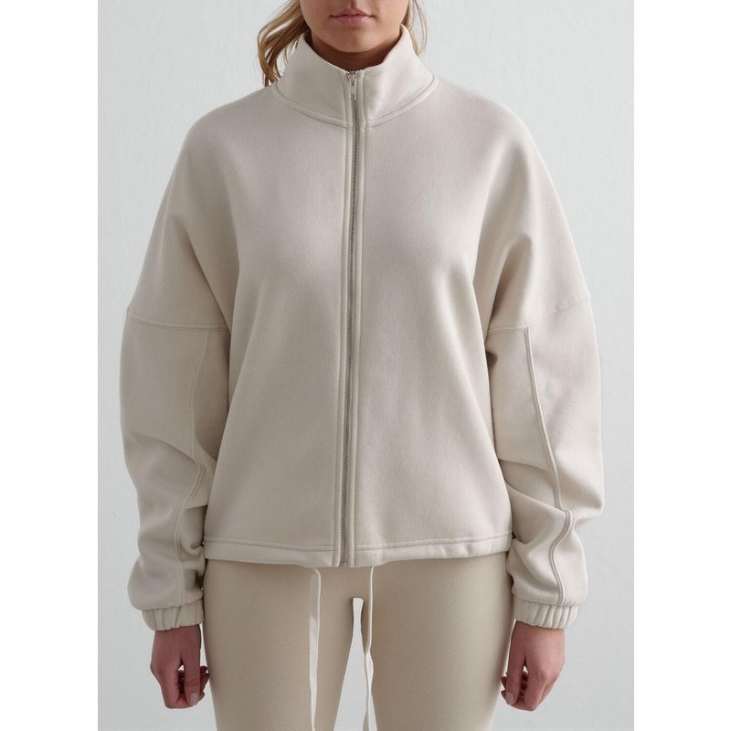 Damen Sweatshirt Durchgehendem Reißverschluss Stehkragen Hellbeige