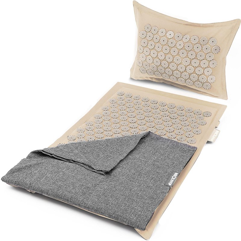 Akupressurmatte Set – Beige-Grau – 5.670 Spitzen mit Kissen und Tragetasche