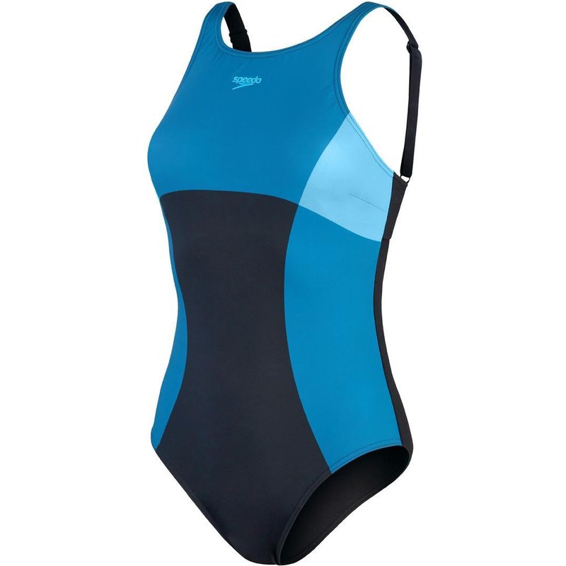 Speedo Damen-Badeanzug mit figurformendem Spitzenmuster – Schwarz/Blau