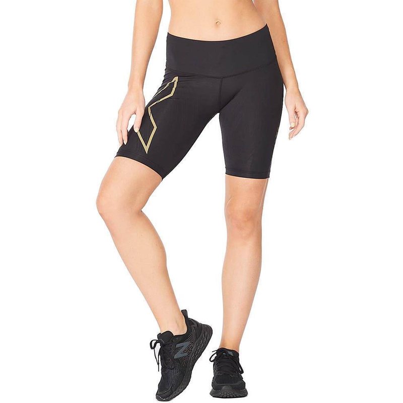 2XU Damen Light Speed Mid-Rise Kompressionsshorts – Schwarz/Gold