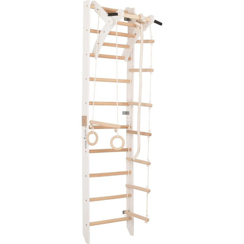 Sprossenwand Indoor Holz mit Reck & Ringen – Fitnessgerät Familie (SPR A white)