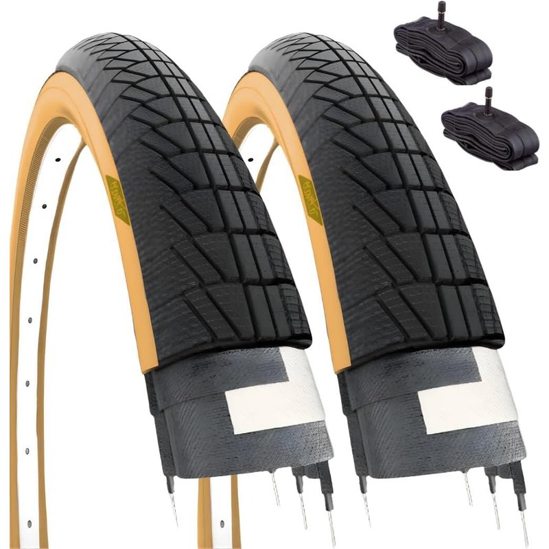 Ecovelò 2 Reifen 20x1.75 schwarz/beige + 2 Schläuche Schrader-Ventil