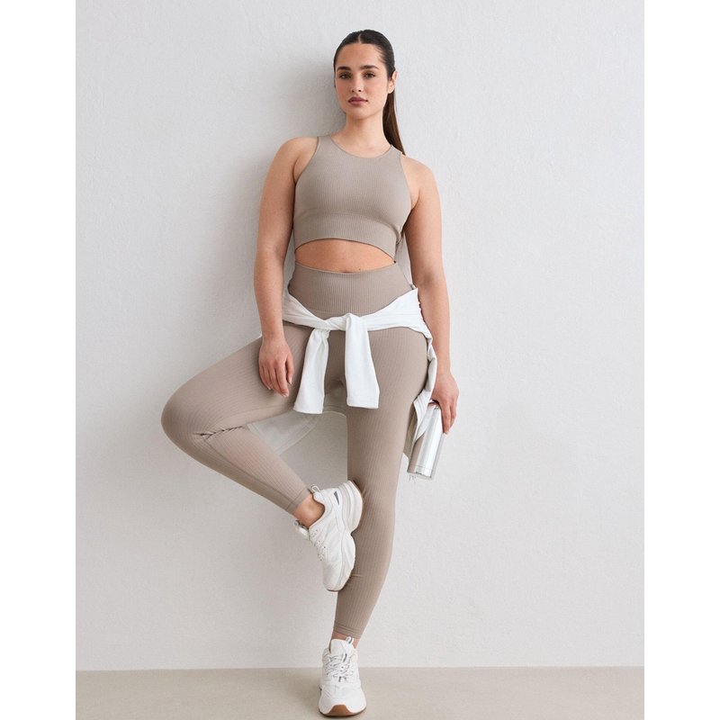 Damen Leggings Gerippt Nahtlos Hoher Bund squat proof Petite Dunkellehmbraun