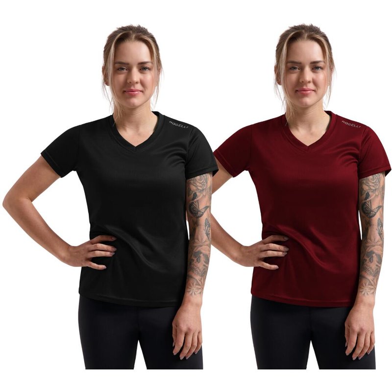 Lauf T-Shirt Damen Atmungsaktiv Kurzarm 2er-Pack – Schwarz & Rot
