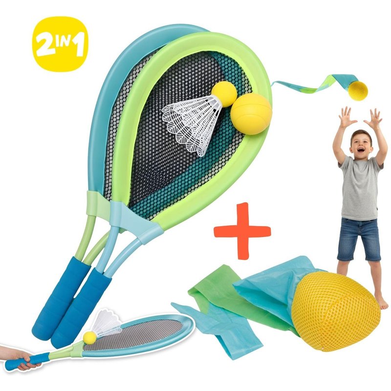 2 in 1 Set: Federball & Soft-Tennis Set mit Schweifball, Wurfspiele für draußen