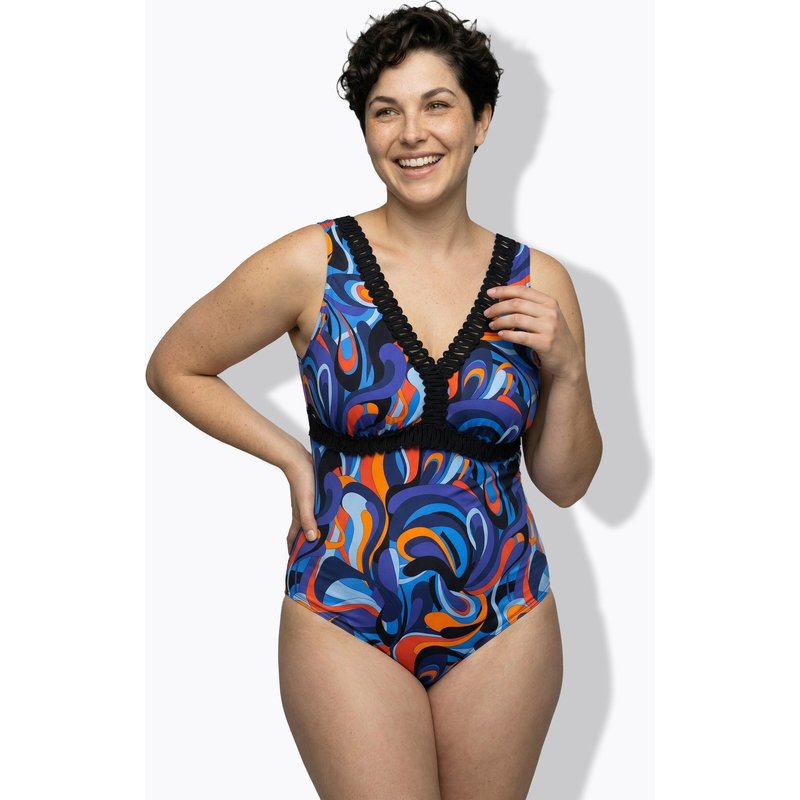 Damen Badeanzug Wellenmuster Softcups Zierborte