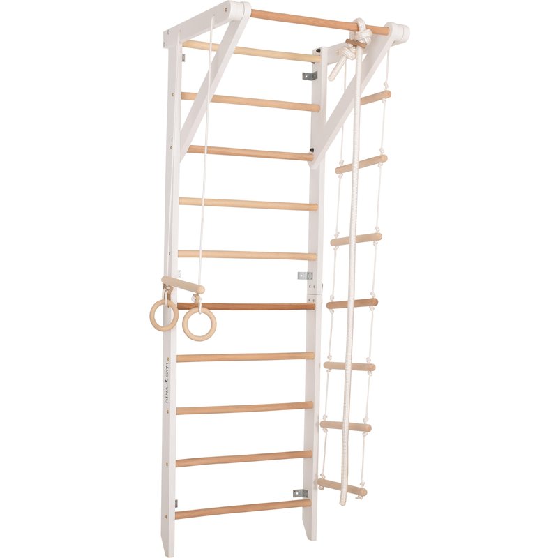 Sprossenwand Holz mit Reck, Ringen & Seil – Indoor Fitnessgerät (Sport 2 weiß)