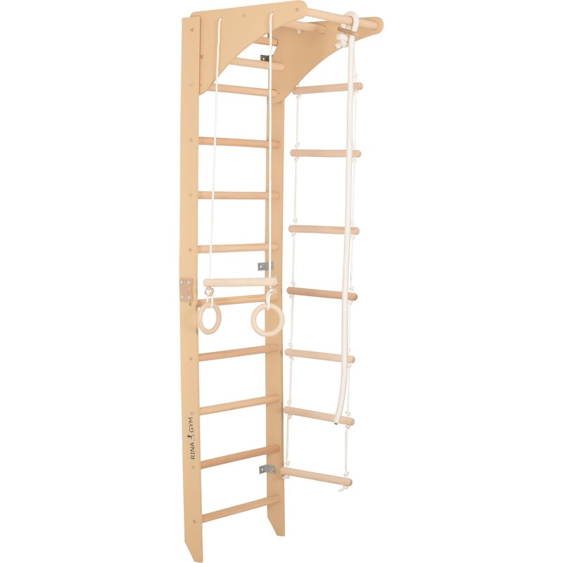 Sprossenwand Holz mit Klimmzugstange, Ringen & Seil – Indoor (SPR C)