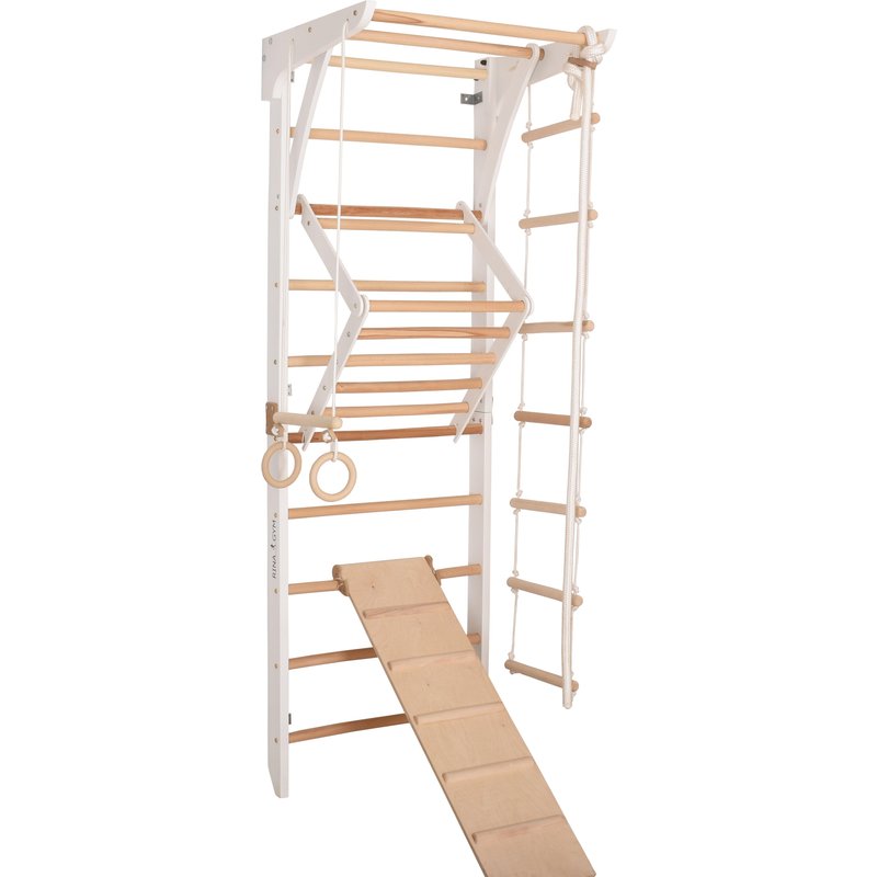 Kletterwand Holz mit Reck & Rampe – Sprossenwand für Familie (Kinder 3 weiß)
