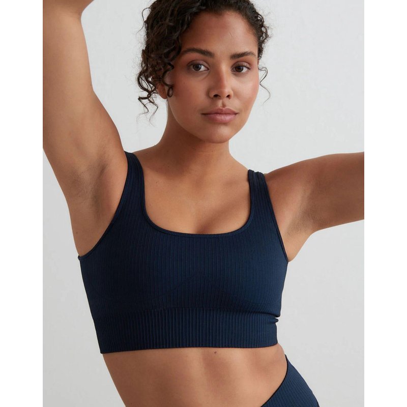 Damen Sport-BH Gerippt Nahtlos Mittlerer Halt Abnehmbare Polster Marineblau