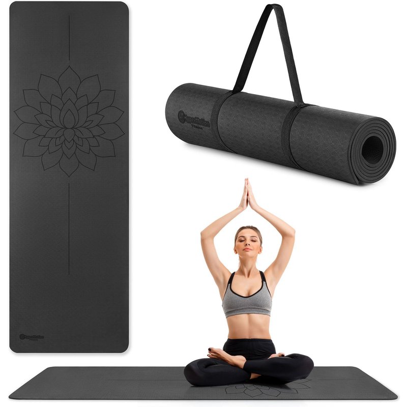 Yogamatte – 6 mm rutschfester TPE-Matte mit Ausrichtungslinie – schwarz