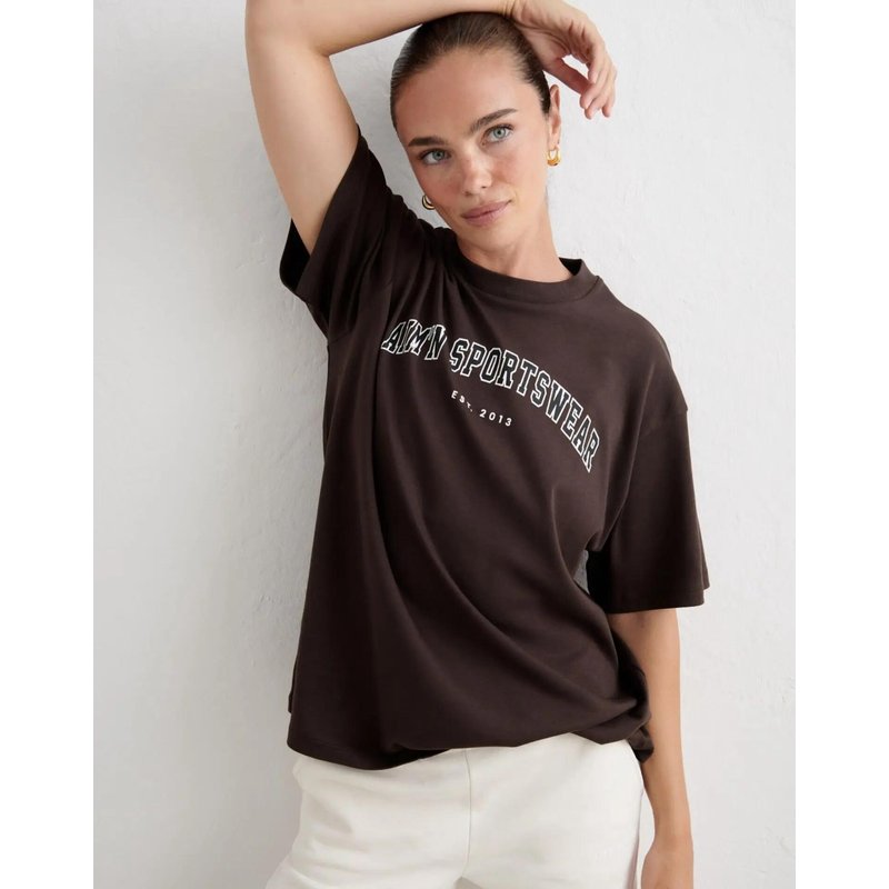 Damen T-Shirt Weit Collegestil Herrenschnitt Schokoladenbraun