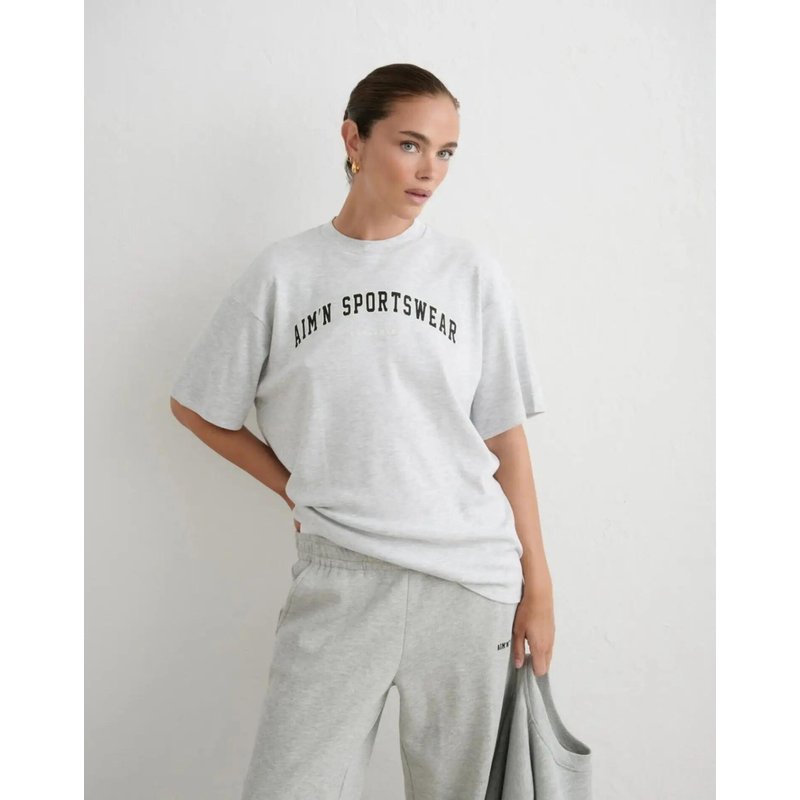 Damen T-Shirt Weit Collegestil Herrenschnitt Hellgrau Meliert