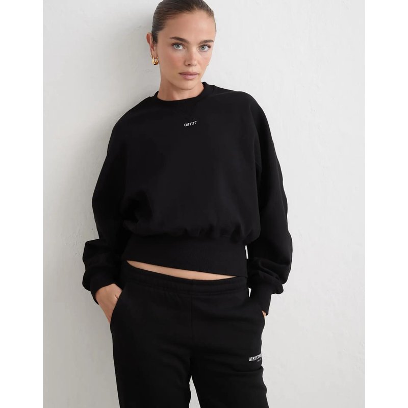 Damen Sweatshirt Piqué-Jersey Leicht verkürzt Sportif Schwarz