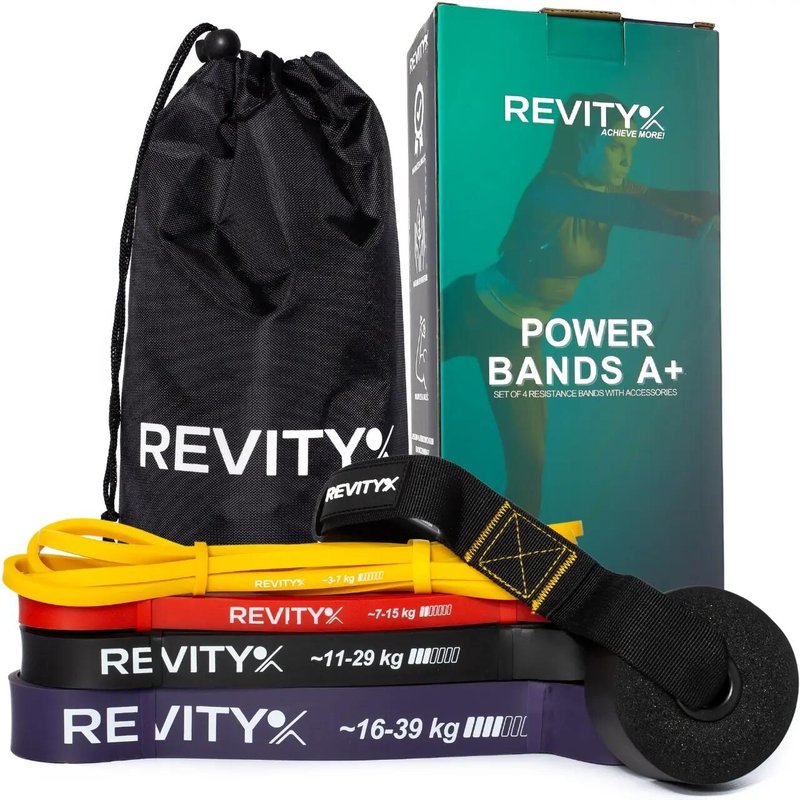 Fitness Widerstandsband 4er Set mit Zubehör und Trainingsplan Power Bands 3–39kg