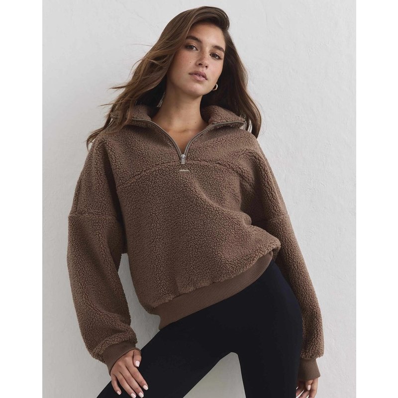 Damen Fleecejacke Pile Halbreißverschluss Haselnuss