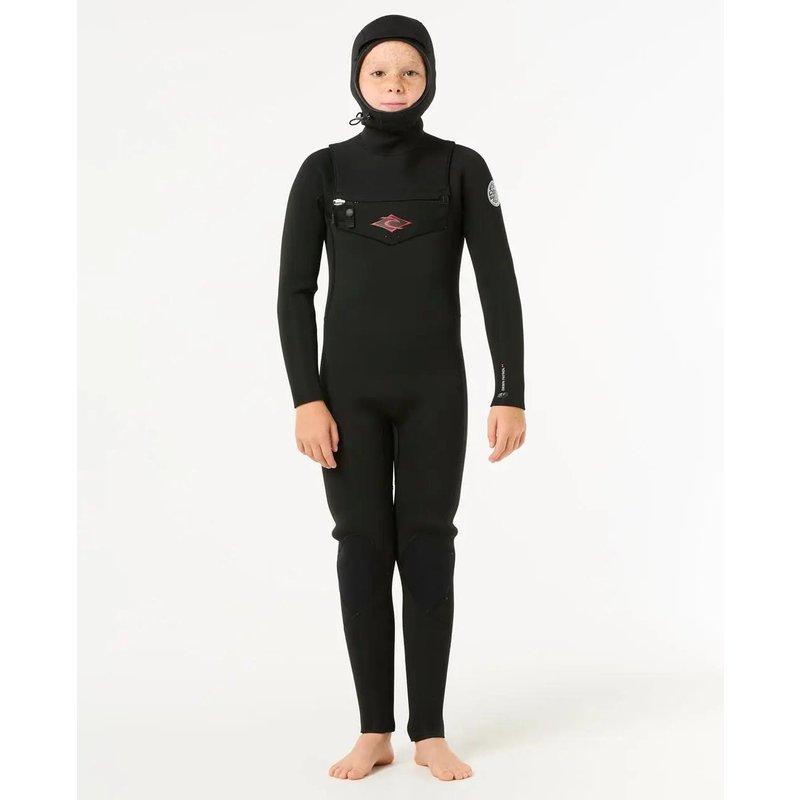 Neoprenanzug Jungen Dawn Patrol 5/4 mm mit Haube, Brustzip - Noir