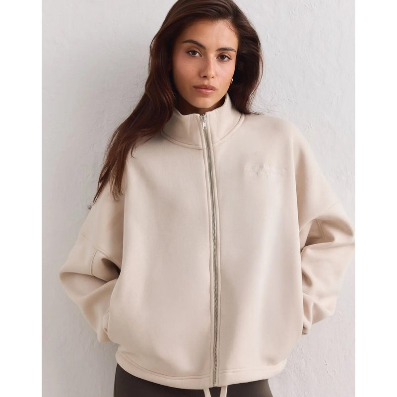 Damen Sweatjacke Baumwollmix Vollreißverschluss Stehkragen Script Sand