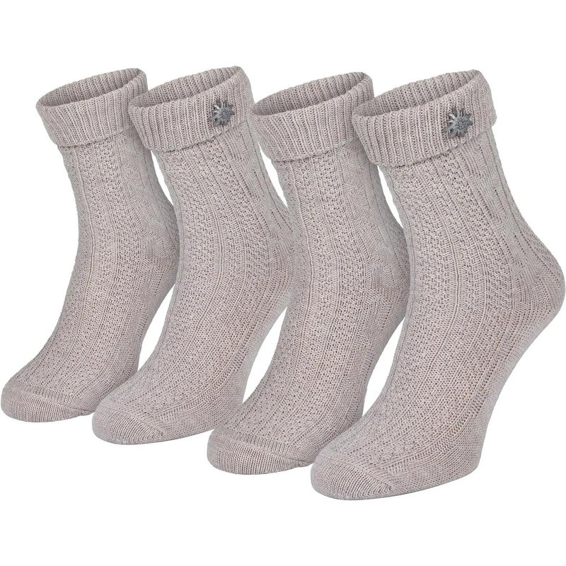 Damen Herren Trachtensocken kurz 2 Paar, Schoppersocken Zopfmuster Edelweiß-Pin