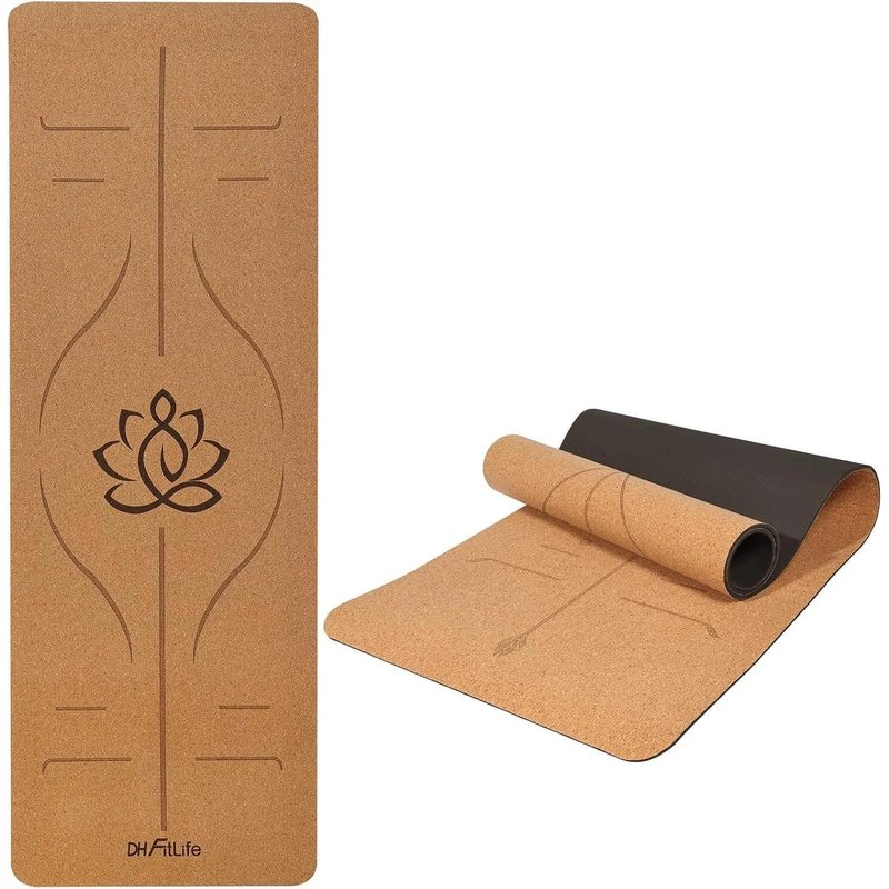 Yogamatte Kork 183 x 61 x 0,6 cm, dicke rutschfeste Yoga-Matte - Großer Lotos